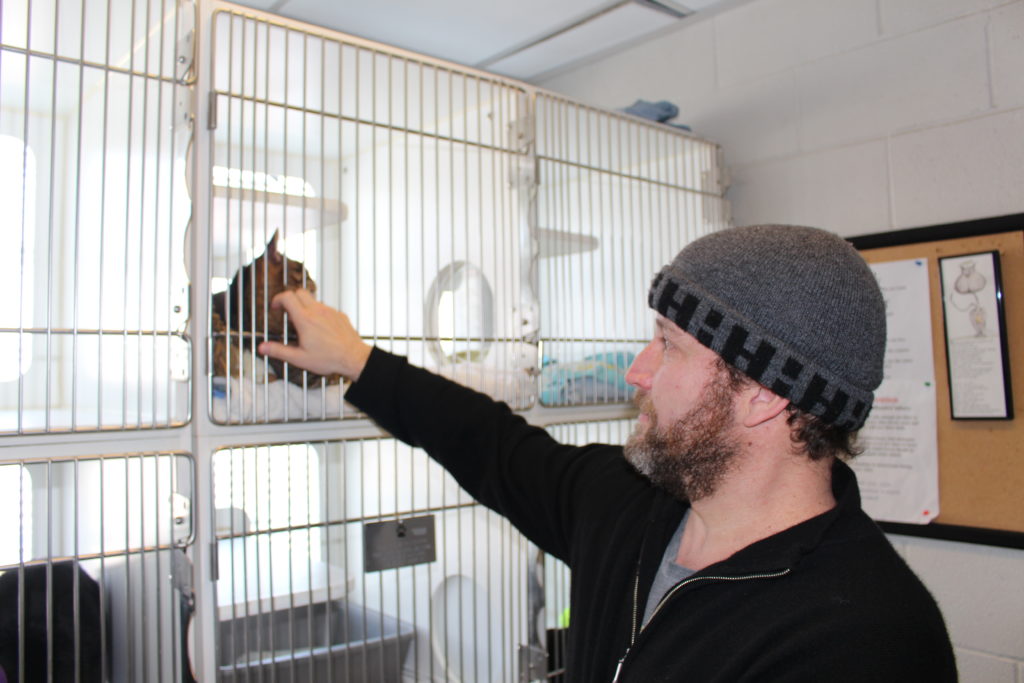 Darin Feinstein pets a bird at Noah's Animal House.